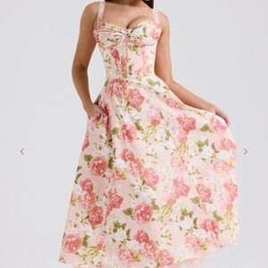 House Of CB Pink Peony Print Cotton Bustier Sundress.